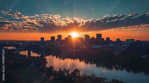 Vibrant sunrise over cityscape and river.