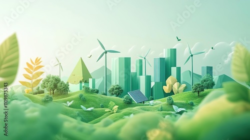 a picture of a city with wind turbines and trees