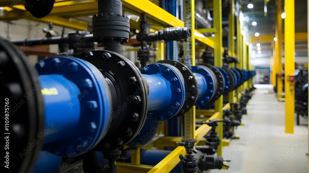 A long line of pipes are shown in a factory setting. The pipes are black and appear to be made of metal. Concept of industrialization and manufacturing