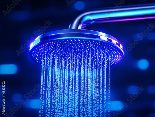A futuristic showerhead emits a cascade of shimmering water droplets, illuminated by vibrant blue lights, creating a modern and relaxing atmosphere.