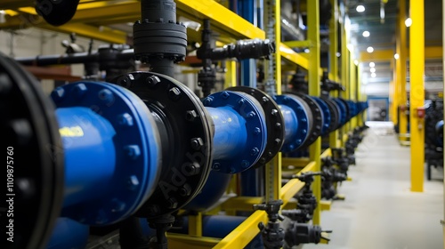 Wallpaper Mural A long line of pipes are shown in a factory setting. The pipes are black and appear to be made of metal. Concept of industrialization and manufacturing Torontodigital.ca