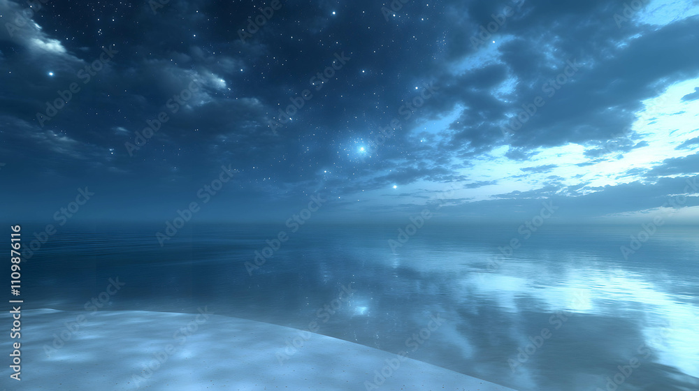 Starlit Beach with Calm Ocean Reflection Starlit Beach with Calm Ocean Reflection