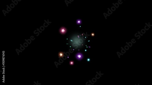 Explosion firework, Sparkling Stars Animation colorful on black background. Pop-up, line, shiny, blast, elements, Looped abstract glowing star rings motion graphics video.