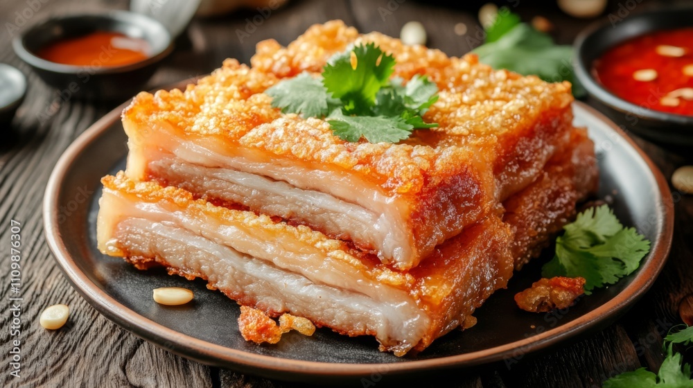 Crispy Pork Belly with Fresh Herbs and Sauces on Rustic Table Crispy Pork Belly with Fresh Herbs and Sauces on Rustic Table