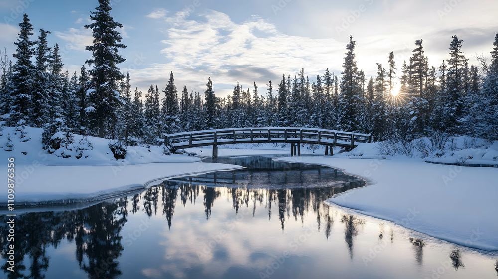 Fototapeta premium Wooden Bridge Over a Reflective Winter Stream
