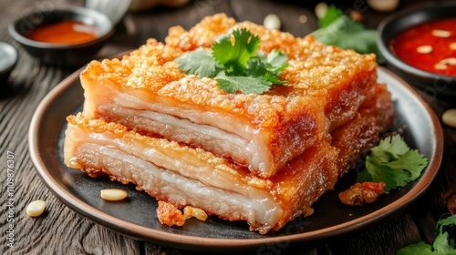 Crispy Pork Belly with Fresh Herbs and Sauces on Rustic Table