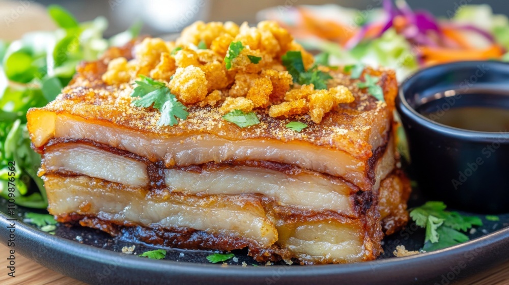 Crispy Pork Belly Dish with Garnish and Sauce on a Black Plate Crispy Pork Belly Dish with Garnish and Sauce on a Black Plate