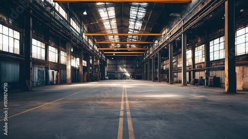Fototapeta Naklejka Na Ścianę i Meble -  A large industrial building with a yellow line down the middle. The space is empty and the yellow line is the only thing that stands out