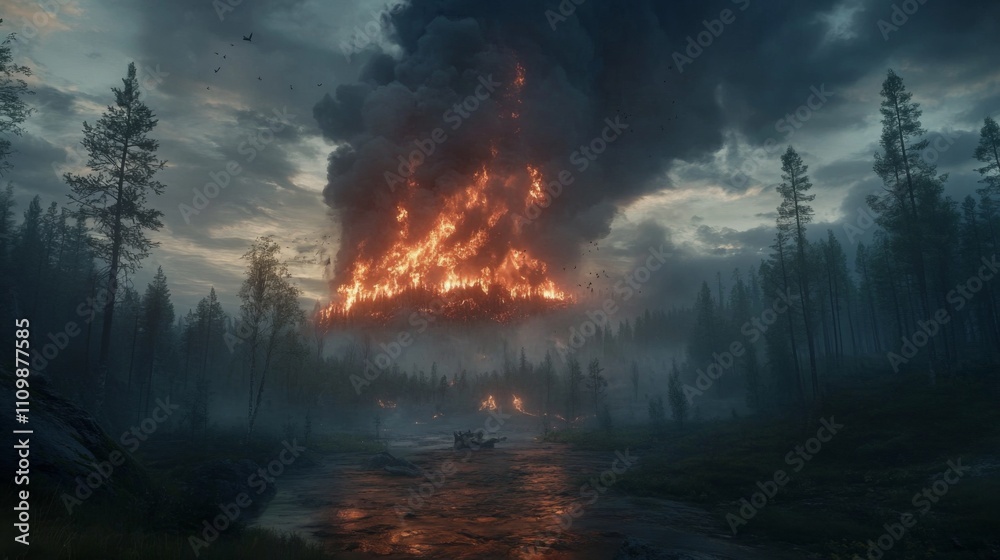 Fototapeta premium Dramatic Wildfire Igniting Forest Landscape Under Dark Sky