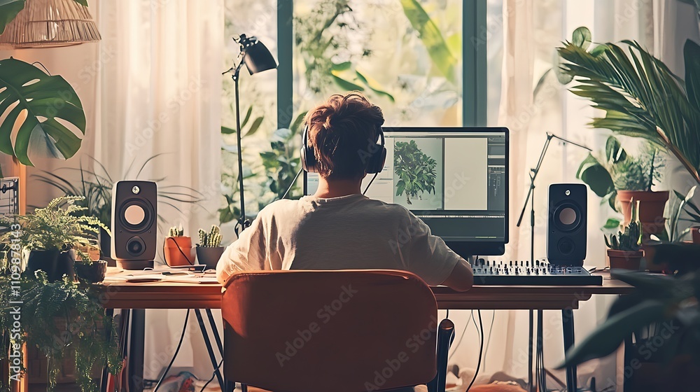 Fototapeta premium Person with headphones editing on computer at home office desk surrounded by plants.