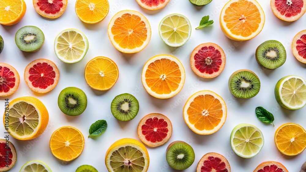 Vibrant Citrus and Kiwi Fruit Slices Arranged in a Colorful Pattern on a White Background Vibrant Citrus and Kiwi Fruit Slices Arranged in a Colorful Pattern on a White Background