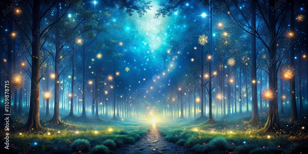 Enchanted Forest Path at Night with Glowing Lights and Stars Enchanted Forest Path at Night with Glowing Lights and Stars