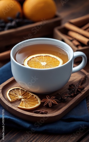 Warm autumnal beverage; a mug of tea with orange slices, star anise, and cinnamon sticks. Perfect for cozy fall or winter scenes.