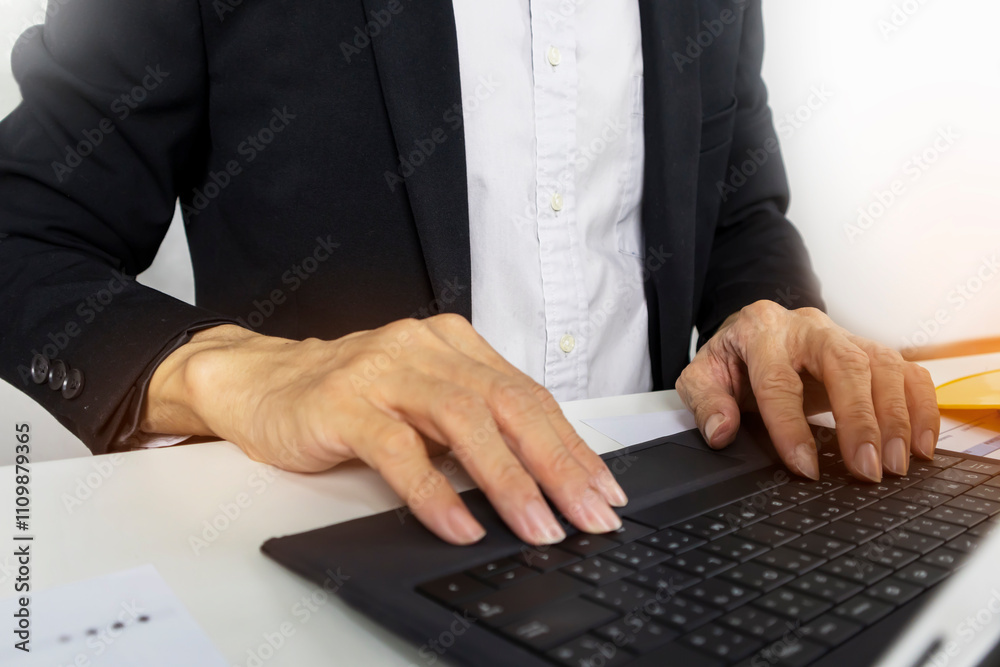 Obraz premium Managers work and type data into project management notebooks.