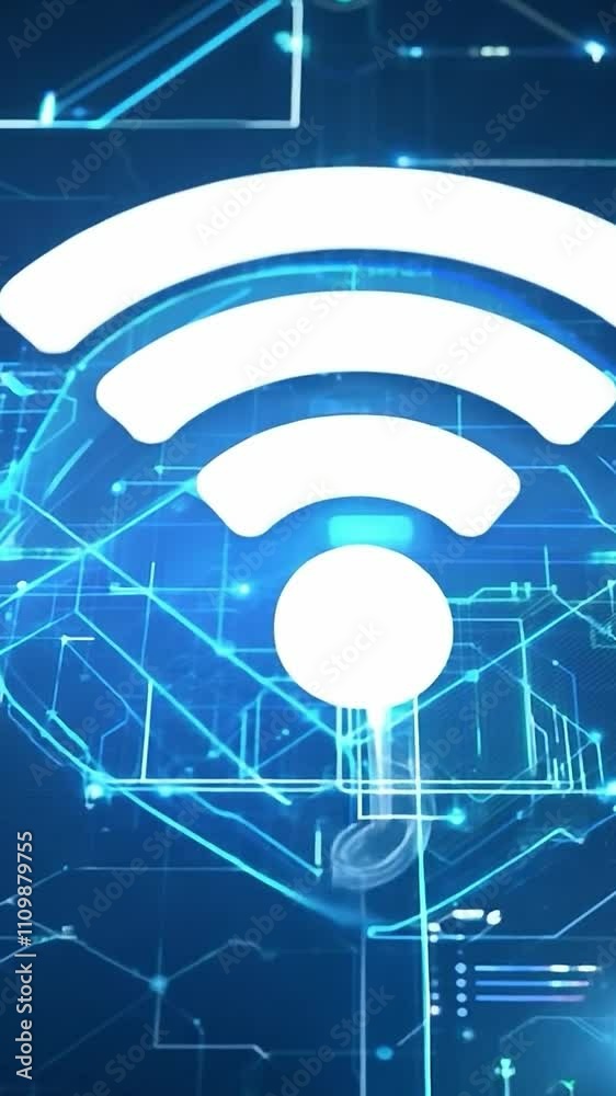 Glowing Wi-Fi symbol with futuristic digital network interface and holographic design. Connectivity and wireless communication technology concept