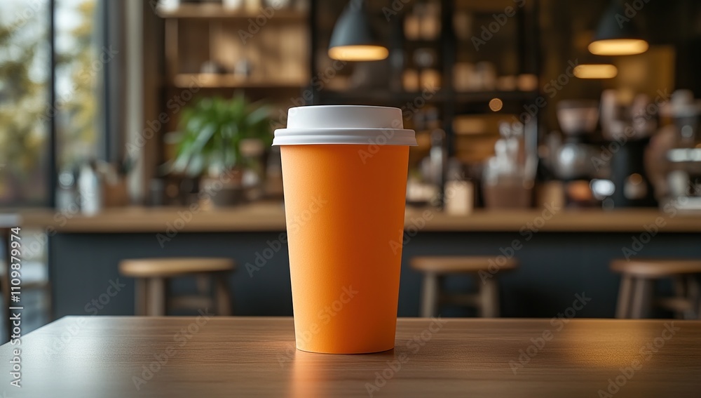 A Vibrant Orange Coffee Cup on a Wooden Table in a Cozy Coffee Shop Setting A Vibrant Orange Coffee Cup on a Wooden Table in a Cozy Coffee Shop Setting