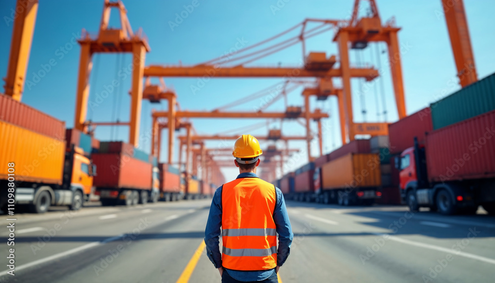 Worker oversees cargo containers at a large shipping terminal in bright sunlight during daytime operations Worker oversees cargo containers at a large shipping terminal in bright sunlight during daytime operations