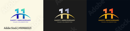 Logo Anniversary with Swoosh Sunrise  11th, 11th Happy Anniversary with Colorful Gradient, Luxury Gold and Silver.