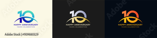 Logo Anniversary with Swoosh Sunrise  10th, 10th Happy Anniversary with Colorful Gradient, Luxury Gold and Silver.