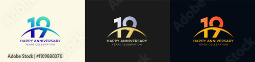 Logo Anniversary with Swoosh Sunrise  19th, 19th Happy Anniversary with Colorful Gradient, Luxury Gold and Silver.