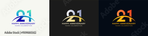 Logo Anniversary with Swoosh Sunrise  21th, 21th Happy Anniversary with Colorful Gradient, Luxury Gold and Silver.