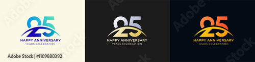 Logo Anniversary with Swoosh Sunrise  25th, 25th Happy Anniversary with Colorful Gradient, Luxury Gold and Silver.