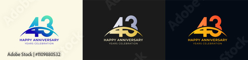 Logo Anniversary with Swoosh Sunrise  43th, 43th Happy Anniversary with Colorful Gradient, Luxury Gold and Silver.