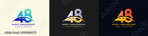Logo Anniversary with Swoosh Sunrise  48th, 48th Happy Anniversary with Colorful Gradient, Luxury Gold and Silver.