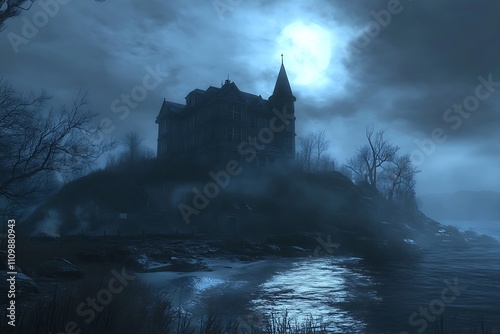 A dark, eerie mansion looms over a misty landscape under a full moon. photo