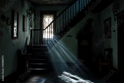 A dimly lit interior with a staircase and sunlight streaming through a window.