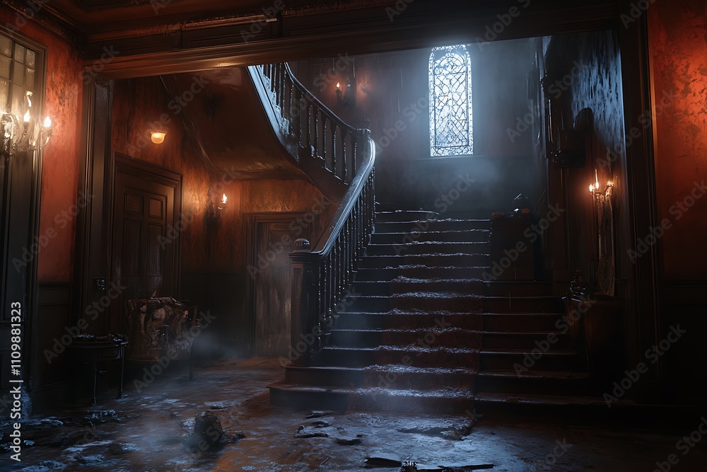A dimly lit, abandoned staircase with ornate details and eerie atmosphere. A dimly lit, abandoned staircase with ornate details and eerie atmosphere.