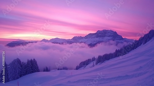 Pink sunset over snowy mountains and clouds.