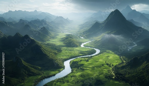 Aerial view of the winding Dian River flowing through lush green rice fields with towering mountains in the backdrop photo