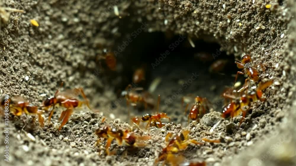 A close-up of ants near their nest, showcasing their activity and environment.