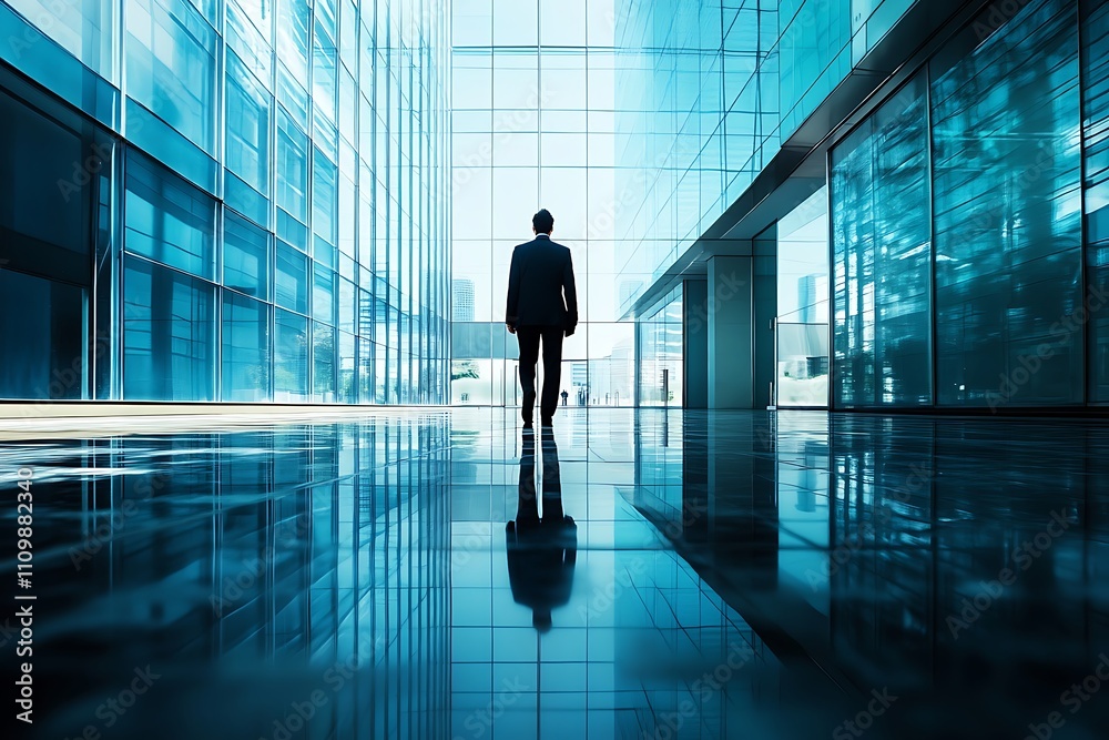 Businessman walking in modern office building. Concept of leadership, success, and ambition.