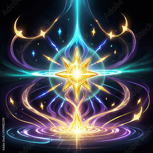 A glowing golden star bursts with energy, surrounded by swirling cosmic energy in shades of blue and purple. Smaller stars appear scattered in the background, creating a celestial effect.