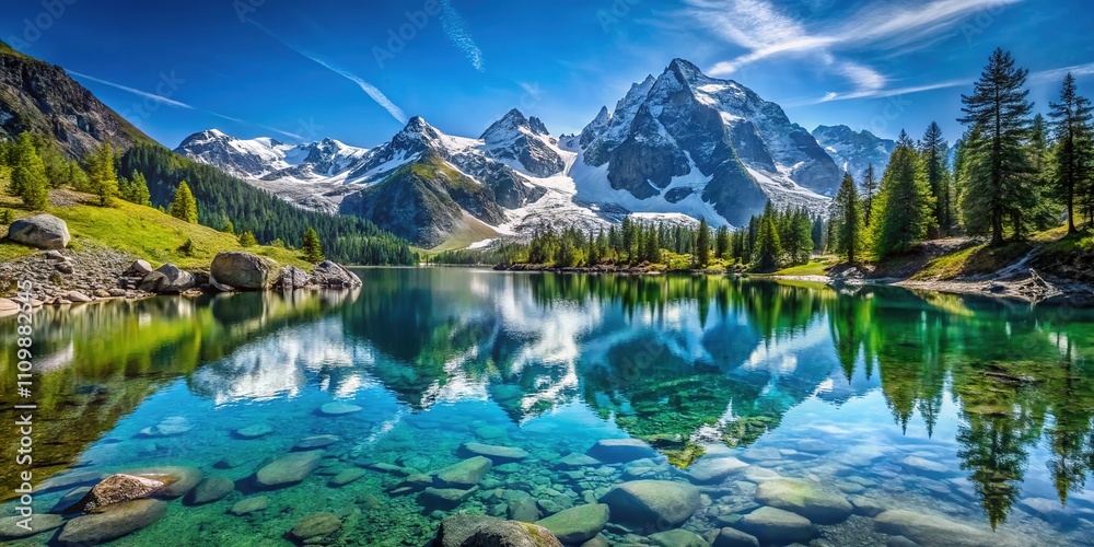 Serene Alpine Lake Reflection - Snowcapped Peaks Serene Alpine Lake Reflection - Snowcapped Peaks