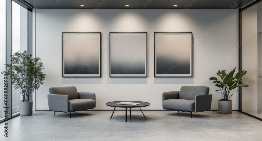 Three blank poster frames on the wall of an office waiting area with minimalistic design, neutral color palette, black sofa, grey carpet, large windows Three blank poster frames on the wall of an office waiting area with minimalistic design, neutral color palette, black sofa, grey carpet, large windows