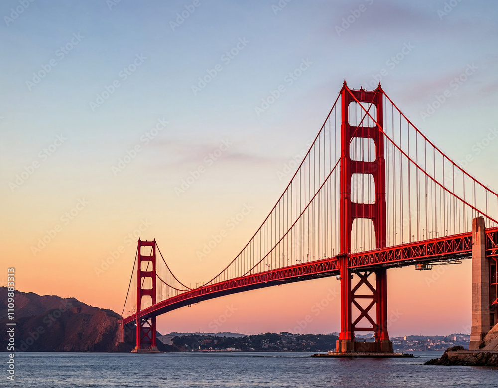 Golden Gate Bridge stands majestically at sunset with vibrant hues illuminating the sky and reflecting on the water Golden Gate Bridge stands majestically at sunset with vibrant hues illuminating the sky and reflecting on the water