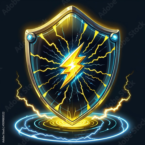 A golden shield with a lightning bolt inside, surrounded by blue and yellow electric sparks. The shield stands on a circular platform with glowing rings. photo