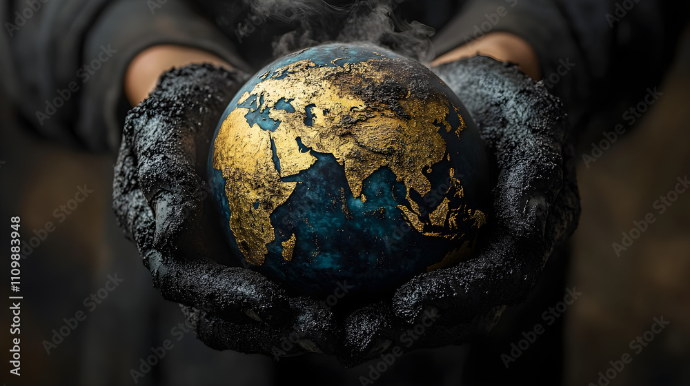 Hands holding a globe covered in oil and smog Hands holding a globe covered in oil and smog