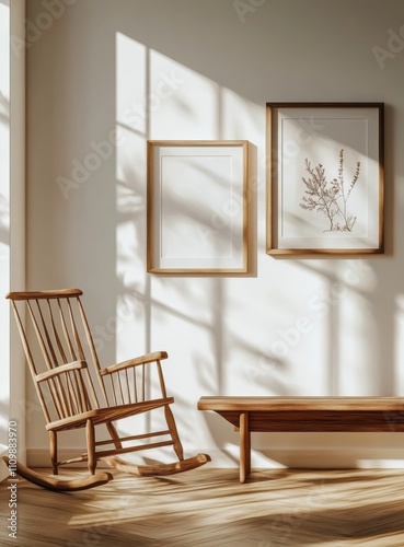 Two small wooden frames side by side on the wall of an empty nursery room, with a wooden rocking chair and bench 