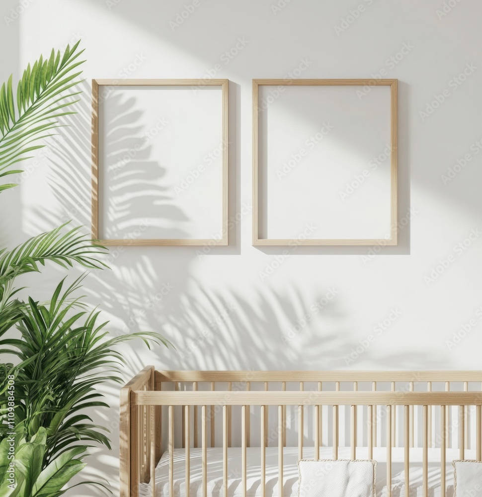 Two small wooden frames hanging on the wall of a minimalist nursery with baby crib in front, white walls and neutral decor, mockup design with plant accents. Two small wooden frames hanging on the wall of a minimalist nursery with baby crib in front, white walls and neutral decor, mockup design with plant accents.