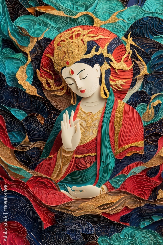 A vibrant, colorful paper cut illustration of Guan Yin, featuring intricate layers of bright paper in shades of red, gold, and turquoise. A vibrant, colorful paper cut illustration of Guan Yin, featuring intricate layers of bright paper in shades of red, gold, and turquoise.