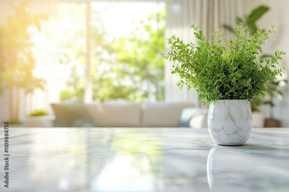 Bright Living Room Interior Design with Marble Tabletop and Lush Greenery in a White Pot, Sunny Window Background Bright Living Room Interior Design with Marble Tabletop and Lush Greenery in a White Pot, Sunny Window Background