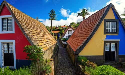 Madeira Island Landmarks and Travel: Charming Traditional Thatched-Roof Houses in Santana, Portugal – A Popular Folk Museum and Tourist Attraction