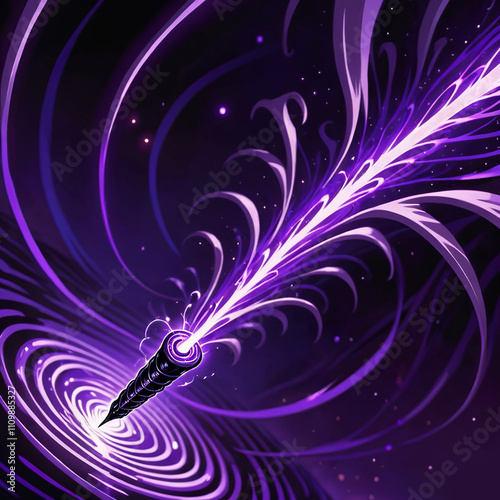 A black tube with purple rings shoots out a bright purple energy beam against a dark background of swirling purple lines and scattered purple lights.