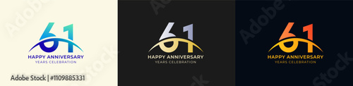 Logo Anniversary with Swoosh Sunrise 61th, 61th Happy Anniversary with Colorful Gradient, Luxury Gold and Silver.