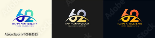 Logo Anniversary with Swoosh Sunrise 62th, 62th Happy Anniversary with Colorful Gradient, Luxury Gold and Silver.