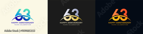 Logo Anniversary with Swoosh Sunrise 63th, 63th Happy Anniversary with Colorful Gradient, Luxury Gold and Silver.